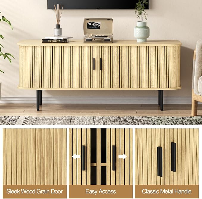 55''W Storage Cabinet, Fluted Sideboard Buffet Cabinet with Storage, Console Table Credenza with Tambour Slatted Sliding Doors and Shelves, Modern TV Stand for Living Room, Kitchen, Entryway, Natural