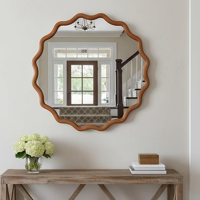 30 Inch Wooden Wavy Round Wall Mirror, Modern Solid Wood Frame Circle Decorative Accent Mirror for Bedroom, Bathroom, Living Room, Entryway, Yellowish Brown