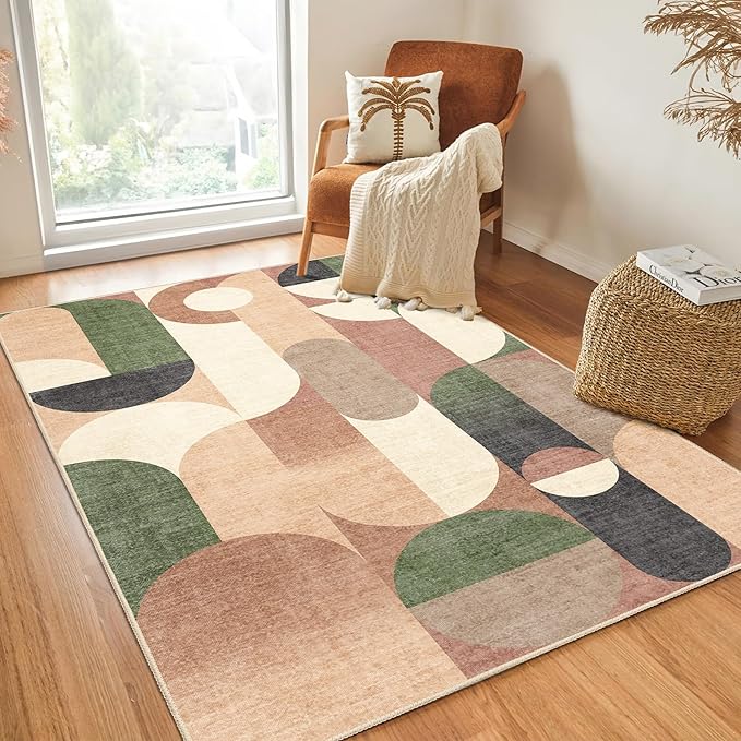 Modern Rug 4x6.5 Washable Area Rugs for Bedroom Living Room Kitchen Entryway Bedside,Small Retro Orange Geometric Non Slip Carpet