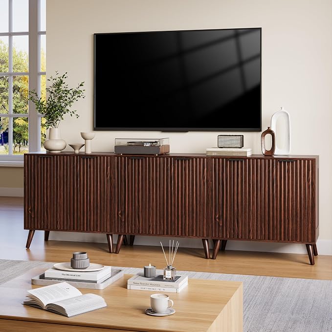 Walnut Sideboard Buffet Cabinet with Storage, 2 Doors Modern Fluted Buffet Cabinet for Living Room, Accent Credenza with Adjustable Shelves Entryway Storage Cabinets for Kitchen, Entryway