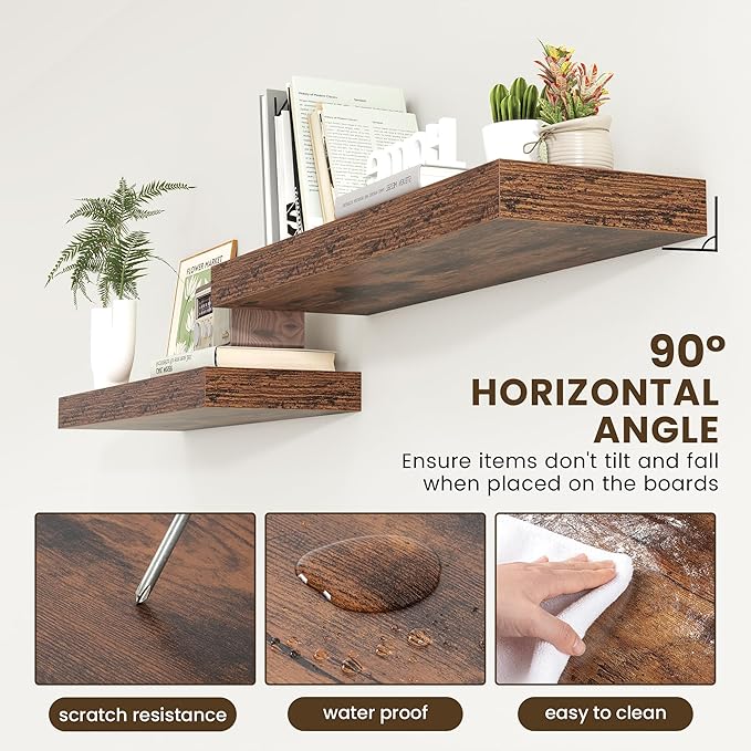 12 Inch Deep Floating Shelves | 36 Inch Brown Floating Shelves | 36" W x 12" D Rustic Wood Shelves for Wall | Deep Brown Shelves for Living Room Bathroom Laundry Room Kitchen