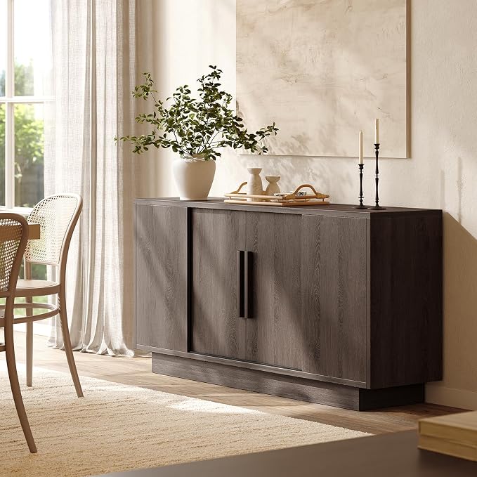 ModernMate 63'' Sideboard Buffet Cabinet with 4 Sliding Doors, Wood Credenza Storage Cabinet with Pedestal Base, Large Side Board with Adjustable Shelf for Living Room, Kitchen, Hallway, Dark Walnut