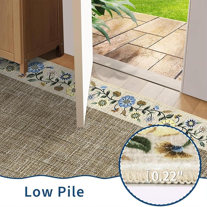 GarveeHome Entryway Rug 2x6 Modern Bordered Runner Rug Washable Kitchen Runners for Hallway Non-Slip Low-Pile Soft Carpet Floral Print Bathroom Mat for Bedroom Laundry Room, Dark Camel