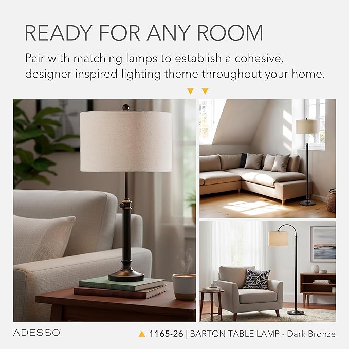 Adesso Antique Bronze Table Lamp with Oatmeal Linen Shade – Adjustable Height Accent Light for Bedroom, Living Room, or Home Office, up to 34” Tall