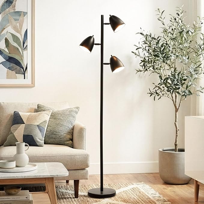Brightech Jacob LED Standing Lamp, Modern Bright Floor Lamps for Living Rooms & Bedrooms, Tall LED Lighting Lamp with Adjustable 3 Light Tree – Classic Black