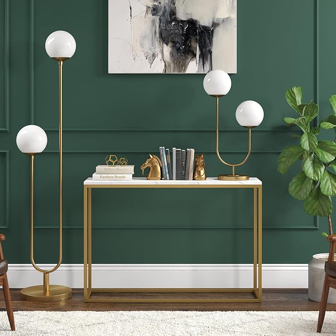 Henn&Hart 28" Mid-Century Modern 2-Light U-Shaped Table Lamp with White Milk Glass Globe Shade for Living Room, Bedroom, or Office, Gold
