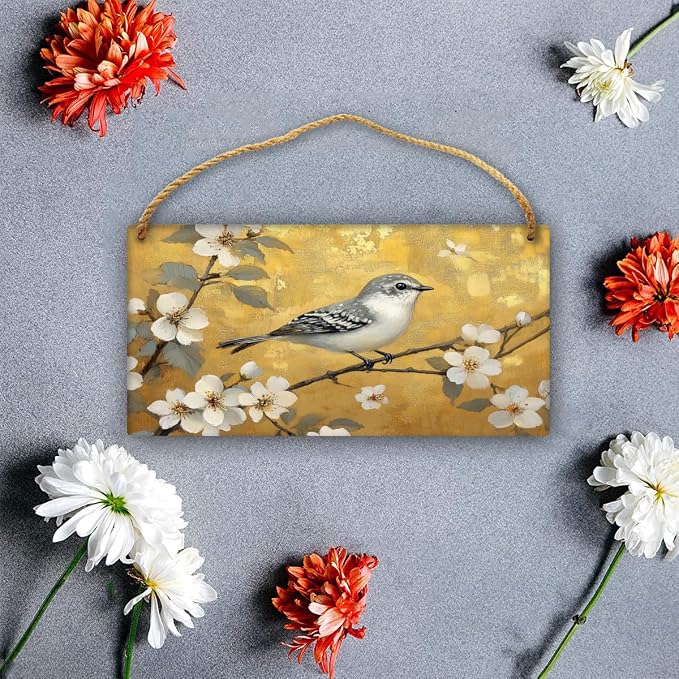 Artistic Retro Bird on Floral Branches Wooden Wall Art, Luxe Home Decors for Vintage Enthusiasts, 12x6 Inch Wood Sign to Add Glamour to Your Bedroom