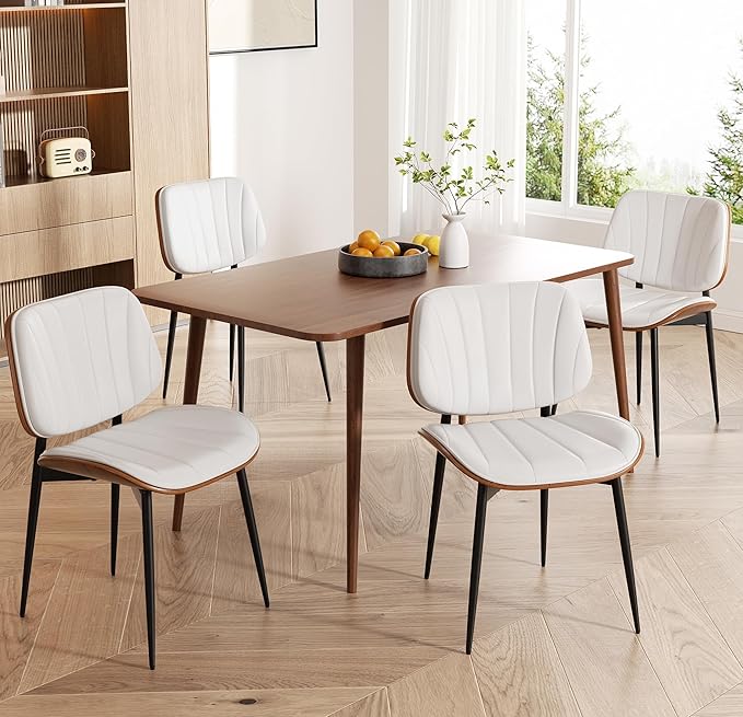 Dining Chairs Set of 6, Mid Century Modern Dining Room Chair, Upholstered Faux Leather Kitchen Chairs with Walnut Bentwood Back and Metal Legs for Kitchen Dining Room Living Room, White