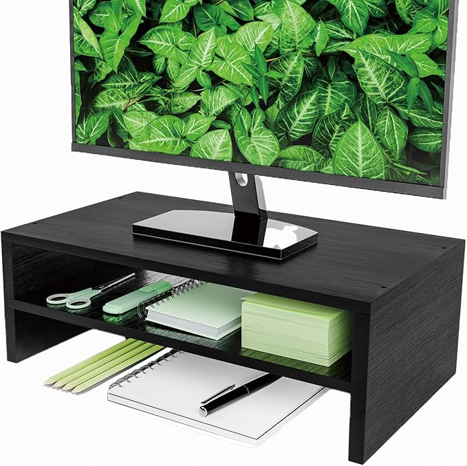 Simpple Trending Monitor Stand Riser, 2 Tier Wood Office Desk Storage Organizer for Laptop, Computer, Black