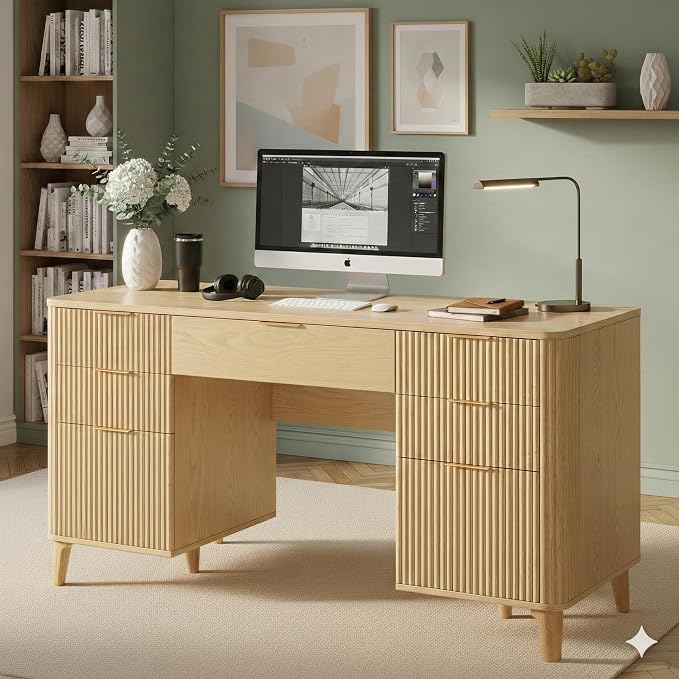 Wooden Desk with Drawers, 55" Fluted Executive Desk with Storage Cabinet, Wood Home Office Desk with File Cabinet, Modern Computer Writing Desk for Study, Living Room, Bedroom