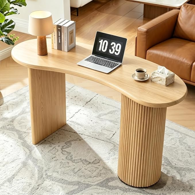LEVNARY 54.3" Curved Small Computer Desk, Wooden Executive Desk with Sturdy Fluted Legs, Modern Luxury Corner Single Writing Vanity Desk for Bedroom Living Room Home Office (Natural)