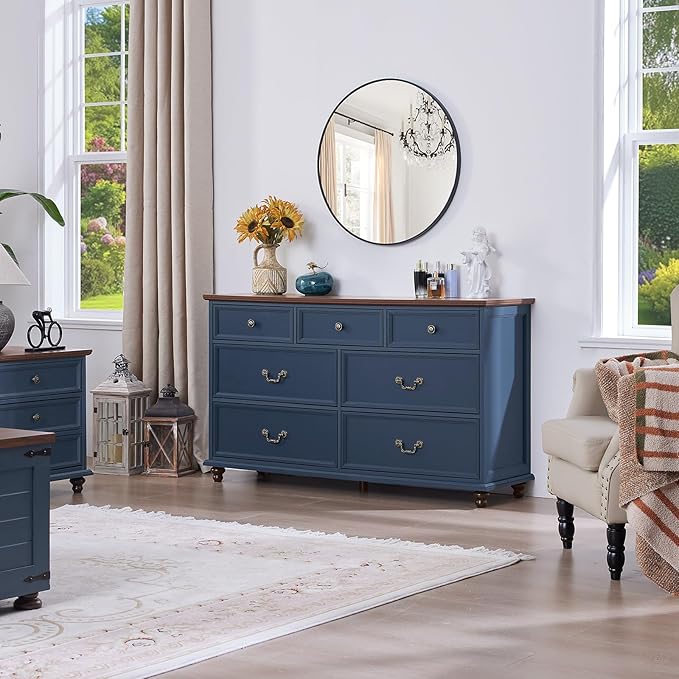 Farmhouse 7 Drawers Dresser Sets of 2 for Bedroom, Navy Blue 54 Inch Wide Chest of Drawers w/ 4 Wooden Legs, Large Vintage Rustic Closet Dressers for Living Room, Wood TV Stand