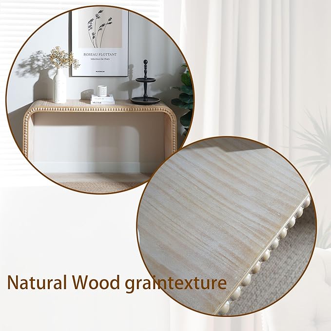 Wood Console Table, 59" Retro Long Sofa Table Behind Couch with Real Wood Beads Decor, Wooden Narrow Sofa Table Hall Table for Living Room Foyer Entrance Entryway, Natural