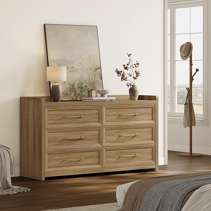 SICOTAS 6 Drawer Dresser for Bedroom-112.8" Extra-Wide Wooden Chest of Drawers with Large Storage, Long Dresser TV Stand with Drawers, Mid Century Modern Closet Dressers for Nursery, Brown Oak, 2PCS