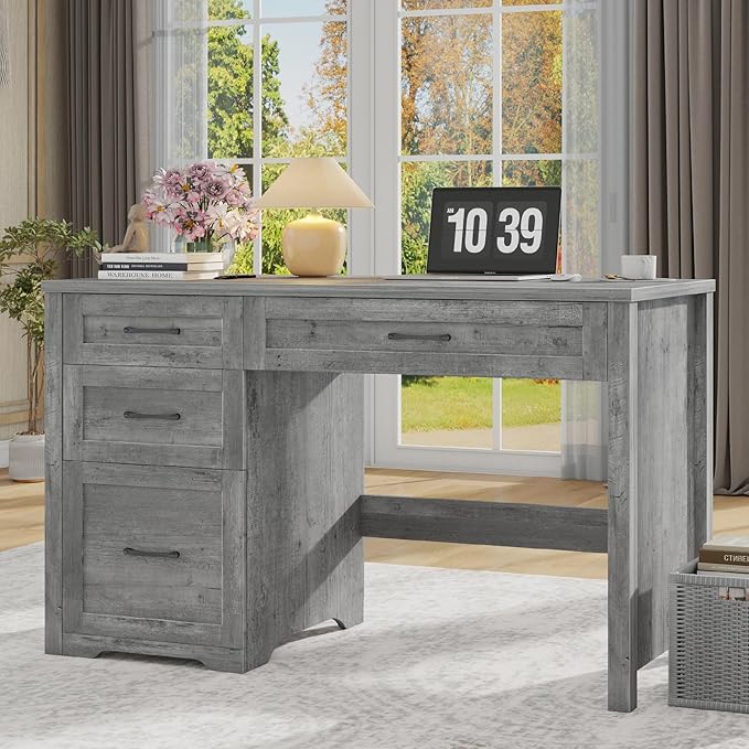 Farmhouse 47" Executive Desk with File Drawer, Wood Computer Desk with 3 Storage Drawers, Workstation for Home Office, Study, Writing(Grey)
