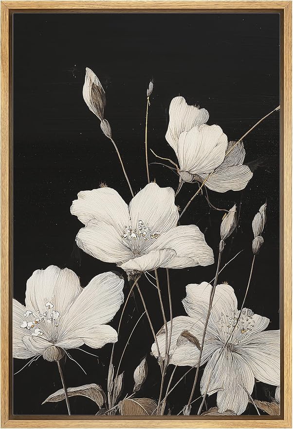 Woodrose Framed Canvas Print Wall Art Delicate White Flowers Elegant Botanical Line Illustrations Modern Art Minimalist 3D Colorful Ultra for Living Room, Bedroom, Office - 24"x36" NATURAL