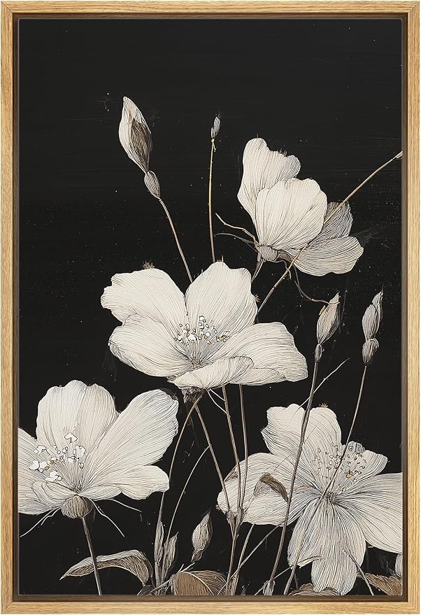 Woodrose Framed Canvas Print Wall Art Delicate White Flowers Elegant Botanical Line Illustrations Modern Art Minimalist 3D Colorful Ultra for Living Room, Bedroom, Office - 16"x24" NATURAL
