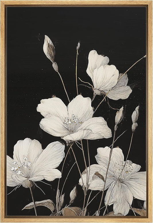 Woodrose Framed Canvas Print Wall Art Delicate White Flowers Elegant Botanical Line Illustrations Modern Art Minimalist 3D Colorful Ultra for Living Room, Bedroom, Office - 16"x24" NATURAL