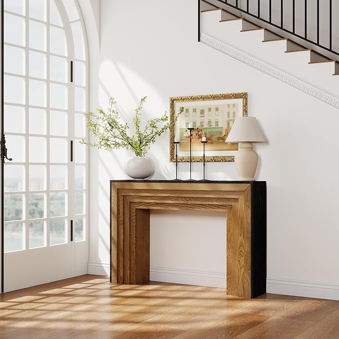 Wood Console Table, 47" Retro Long Sofa Table Behind Couch with Split-Level Design, Wooden Narrow Sofa Table Hall Table for Living Room Foyer Entrance Entryway, Black+Natural