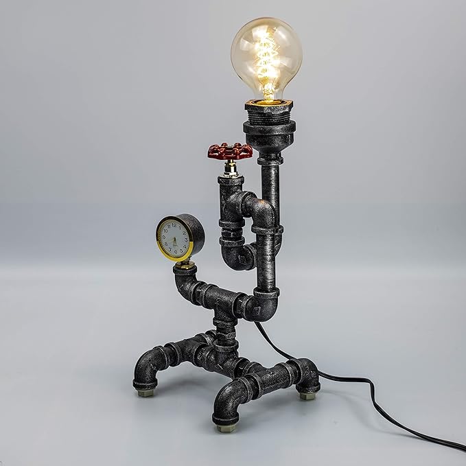 Steam Punk Lamp with Dimmer, Dimmable Loft Style Industrial Vintage Antique Style Light, Iron Piping Aged Rustic Metal Desk Lamp, Snider QTF-SJ03