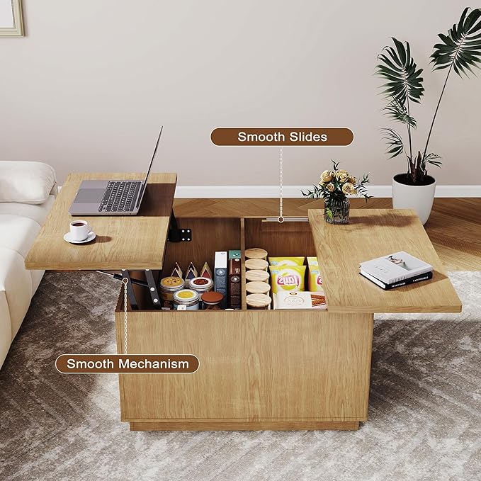 Lift Top Coffee Table with Storage,Fluted Square Center Table with Large Hidden Space,31.5" Coffee Table with Lifting Top,Center Table for Living Room,Natural Oak