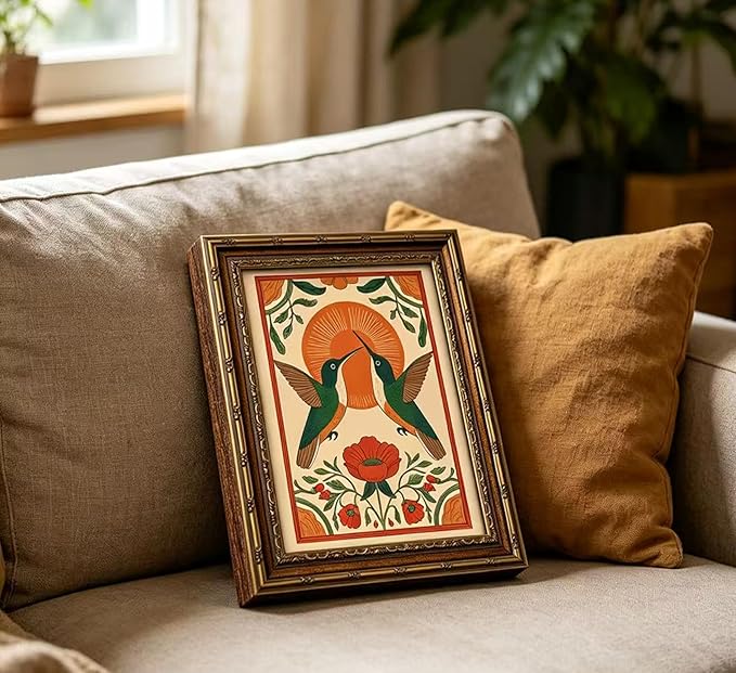 Vintage Gold Framed Hummingbird Wall Art Scandinavian Pictures Floral Bird Painting Canvas Prints Birds Poster Artwork Neutral Farmhouse Wall Decor for Living Room Bedroom Kitchen12x16in