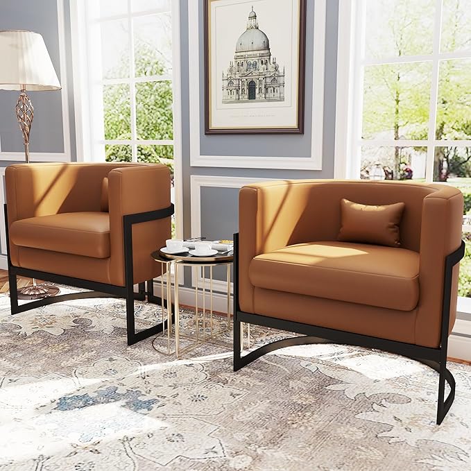 Brown Faux Leather Barrel Accent Chair Modern Upholstered Armchair for Living Room Bedroom Single Sofa Chair Club Side Chairs