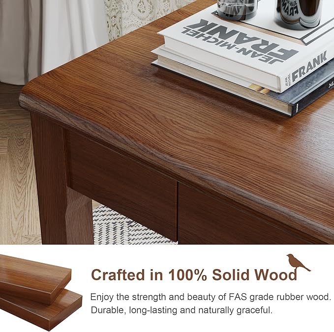 Wood Desk, Solid Wood Writing Table for Home Office, Mid Century Modern Desk with Drawers, Walnut (47inch / 120cm)