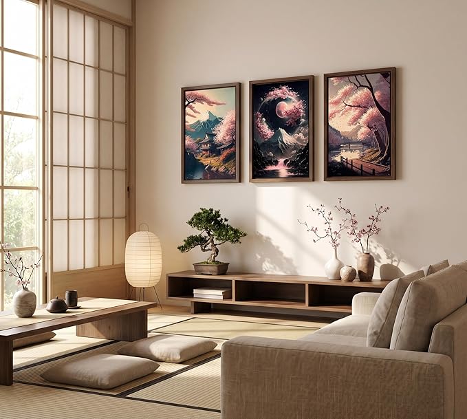 3Pcs Japanese Canvas Wall Art Cherry Blossom Lake Landscape Posters Prints Japan Mount Fuji Wall Decor Pictures for Living Room Bedroom Home Decoration Unframed