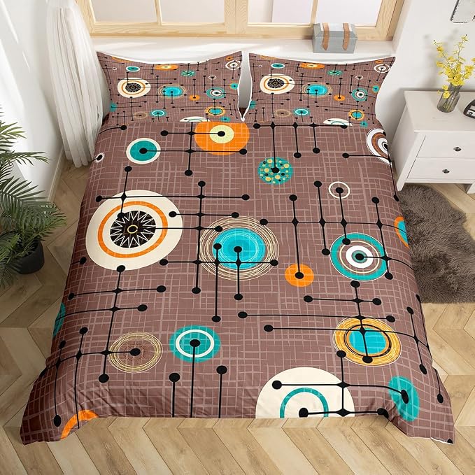 Erosebridal Geometric Grid Duvet Cover Queen Brown Minimalism Bedding Set, Mid Century Comforter Cover Retro Atomic Bed Set, Rainbow Circles Black Lines Bedding Abstract Room Decor (Zipper Closure)