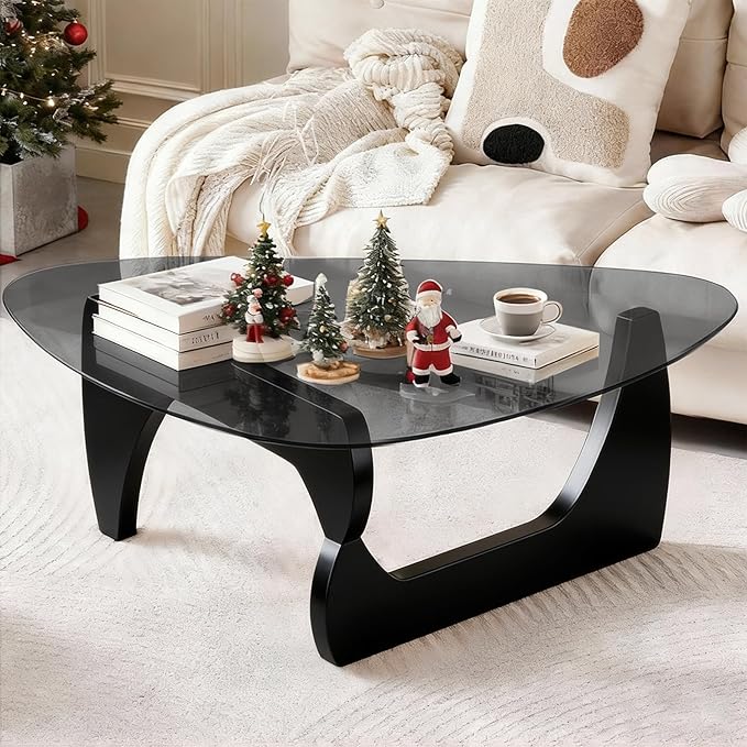 Large Coffee Table for Living Room, Black Modern Triangular Tempered Glass Top Table with Adjustable Solid Wood Legs, 45" Center Table, Grey Glass Black Frame