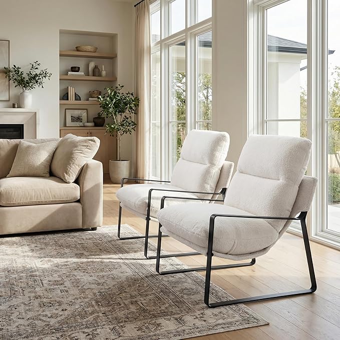 LukeAlon Modern Sherpa Accent Armchair, Upholstered Living Room Chair with Metal Base Thickened Cushion Single Sofa Chair Comfy Lounge Chair for Bedroom Living Room, White