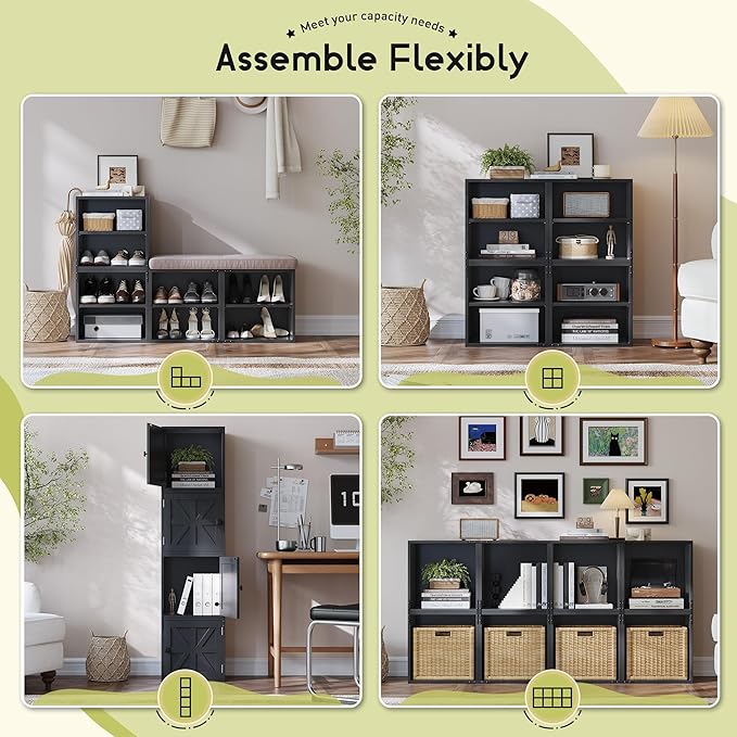 Homkdom 2 Cube Storage Organizer, DIY Bookcase with Doors, Stackable Cube Shelf with Anti-Tip Design, Modular Cubby for Bedroom, Dorm, Office,Living Room,15" W x 11.81" D x 30" H, Black