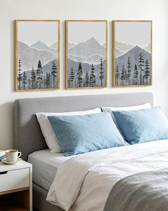 KUVIOKE Mountain Landscape Framed Wall Art Watercolor Nature Forest Painting Boho Farmhouse Rustic Room Decor for Bedroom Dining Room 16x24in (Natural Framed)