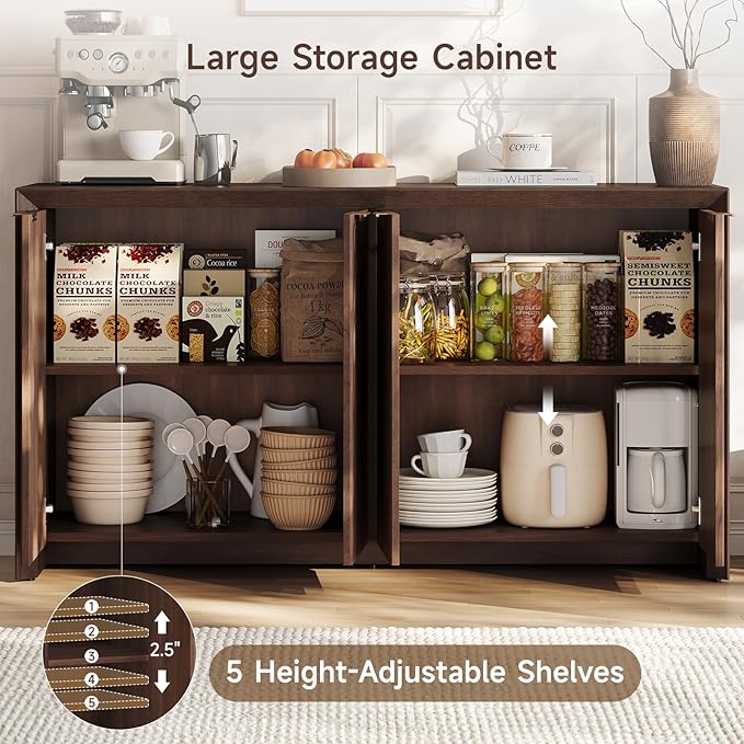 ONBRILL Fluted Sideboard Buffet Cabinet with Storage, Wooden Modern Fluted Sideboard with 4 Doors and 5 Adjustable Shelves, Coffee Bar Table for Dining Room, Hallway, Kitchen (Dark Walnut)