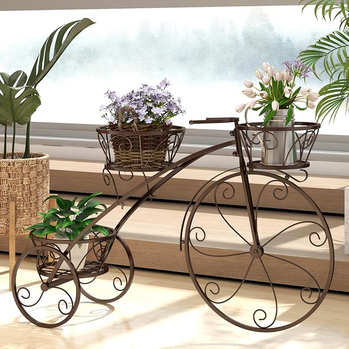 Giantex Metal Bicycle Planter, 3 Tier Tricycle Flower Plant Stand w/ 3 Decorative Wheels, Parisian Style Flower Display Stand Cart for Home Decor Patio Garden Flower Shop Indoor Outdoor (Bronze)