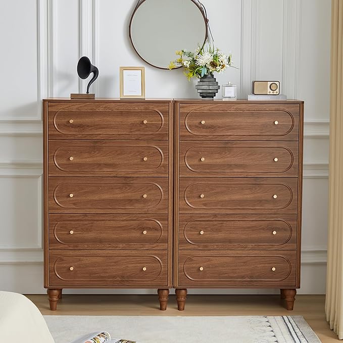 ORRD Fluted 5 Drawer Dresser for Bedroom Set of 2, Modern Mid Century Chest of Drawers, Wood Storage Large Dresser Organizer for Bedroom Living Room Closet Hallway, Walnut