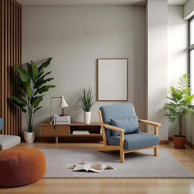 Solid Wood Accent Chair Mid-Century Modern Lounge Armchairs, Fabric Upholstered Soft Comfy Living Room Chairs with Armrest Waist Cushion Pillow for Office Reading Waiting Room (Blue)