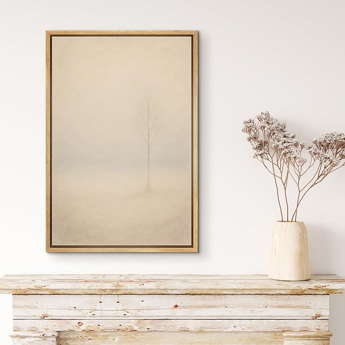 MUDECOR Framed Canvas Print Wall Art Lone Tree in Soft Fog Minimalist Neutral Landscape Illustrations Minimalism Decorative Bohemian Colorful Zen for Living Room, Bedroom, Office - 24"x36" NATURAL
