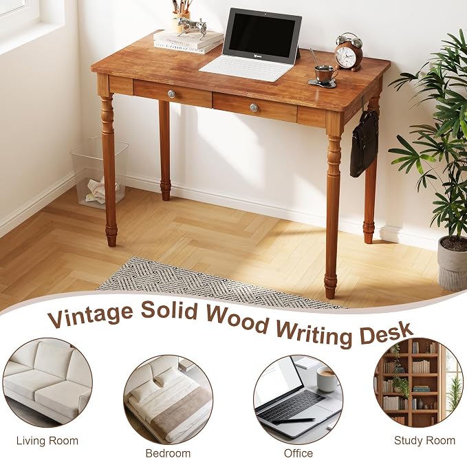 Solid Wood Writing Desk with Drawers - 39.4" Small Wood Vintage Desk, Mid Century Modern Desks, Wooden Computer Desks for Home Office, Traditional Vanity Dressing Table for Bedroom, Walnut