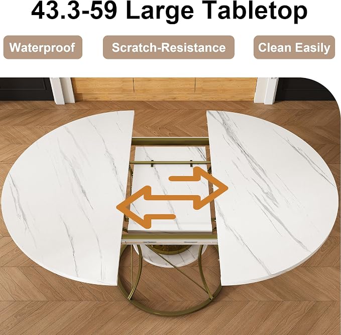 43"-59" Extendable Round Dining Table for 4-6,Mid Century Modern White and Gold Table,Expandable Kitchen Table with Storage Shelf for Small Spaces