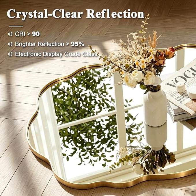 ANDY STAR Brushed Gold Oval Bathroom Mirror, 24x40 Inch Modern Wavy Scalloped Wall Mirror, Anti-Rust Brass Metal Mirror for Bathroom Hang Vertical or Horizontal