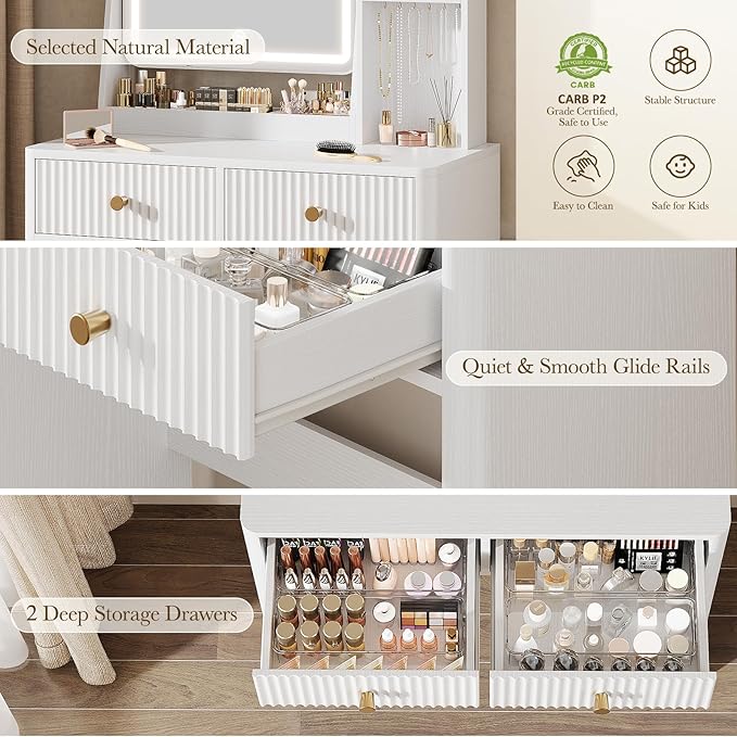 Fluted Vanity Desk with Mirror and Lights, Small Makeup Vanity with 2 Drawers and Jewelry Storage Cabinet, 3 Lighting Modes Adjustable Brightness, Dressing Table for Bedroom - White