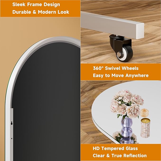 Hasipu 79" x 36" Arched Rolling Home Gym Mirror with Wheels, 360° Swivel Body Mirror with HD Tempered Glass, Large Floor Mirror for Yoga Room, Dance Studio, Bedroom & Home Gym