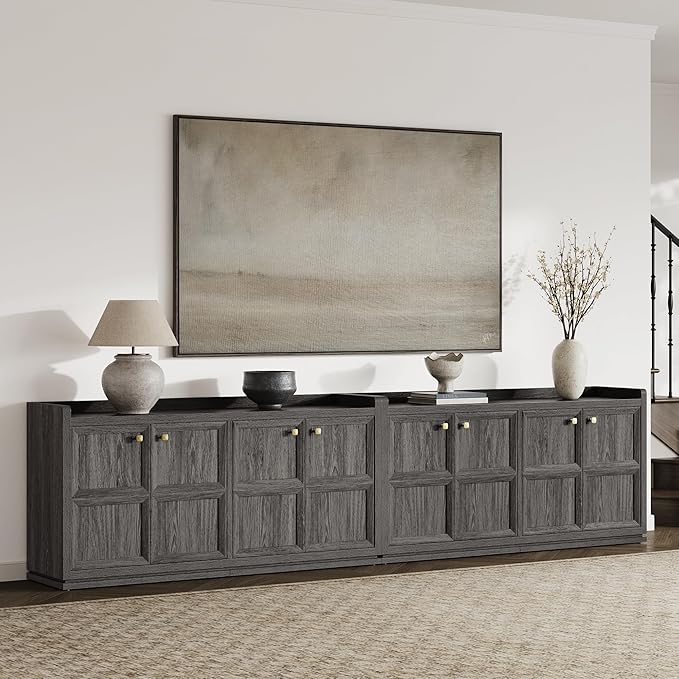 SICOTAS 4-Door Buffet Cabinet - Large Sideboard with Storage & Adjustable Shelves, Modern Credenza Accent Coffee Bar Console Table for Living Room, Kitchen, Entryway, Hallway, Dark Gray Oak, 2 PCS