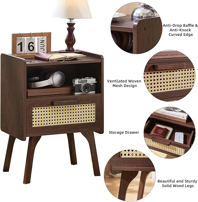 Lerliuo Rattan Nightstand, Bedside Table with Drawer Open Shelf, Cane Accent Side End Table with Solid Wood Legs, Walnut Vintage Night Stand for Bedroom, Dorm and Small Spaces