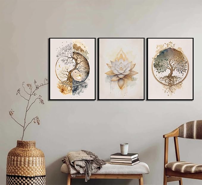 3 Pcs Tree of Life Wall Art Modern Gold Lotus Zen Canvas Wall Decor Abstract Yin Yang Posters Pictures Yoga Meditation Studio Painting Prints For Living Room Hotel Bedroom Home Decoration Unframed