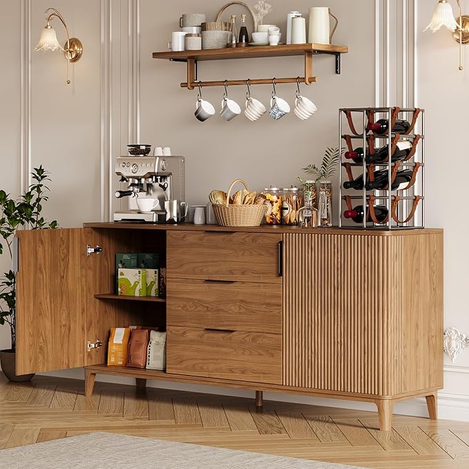 59" Fluted Sideboard Buffet Cabinet with 2 Doors and 3 Drawers, Large Modern Mid Century Buffet Table Coffee Bar Wine Bar Storage Cabinet with Adjustable Shelves for Dining Room, Living Room Walnut