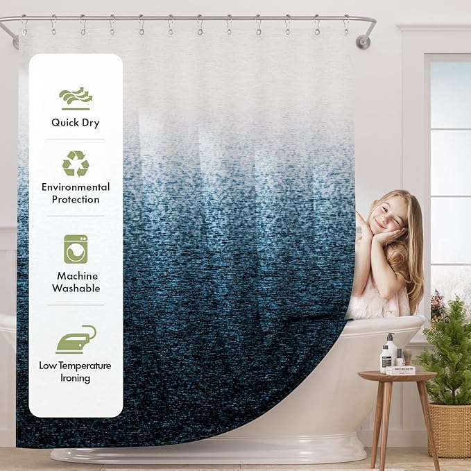 AmazerBath Shower Curtain Blue, Washable Cloth Ombre Shower Curtain Sets with 12 Metal Shower Curtain Hooks, Rustic Waterproof Dark Sea Blue Farmhouse Shower Curtains for Bathroom Decor, 72x72 Inches