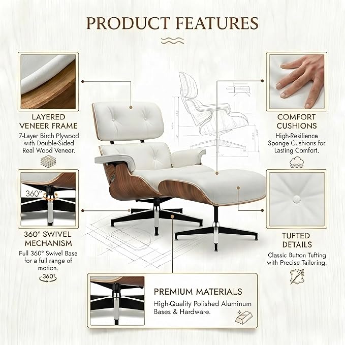 Mid Century Chaise Lounge Chair with Ottoman, Top Black Grain Leather, Modern Office Chair Classic Design, Heavy Duty Base Support for Living Room Study Lounge Office